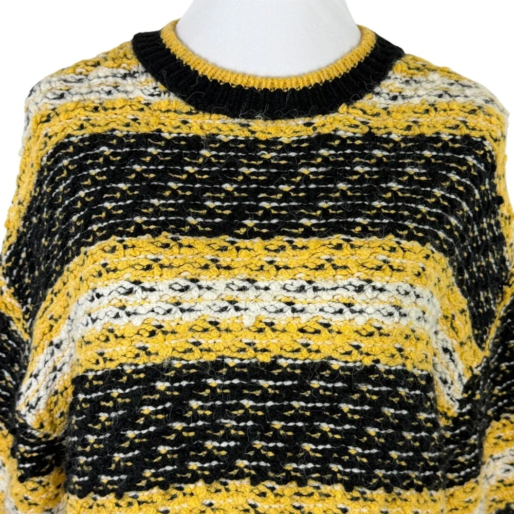 MNG Mango Women's Medium Striped Knit Sweater‎ Yellow Black White Crew Neck